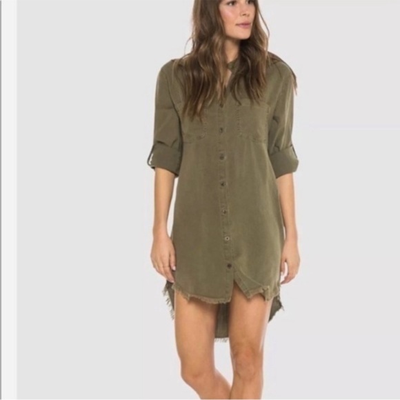 Cloth & Stone Olive Green Raw Edges Button-Up Shirt Dress - Picture 1 of 10